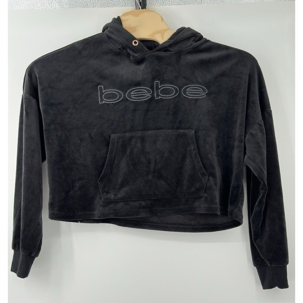 Bebe Sport Velvet Logo Cropped Hoodie Black Soft Womens Large Y2K XL dark black